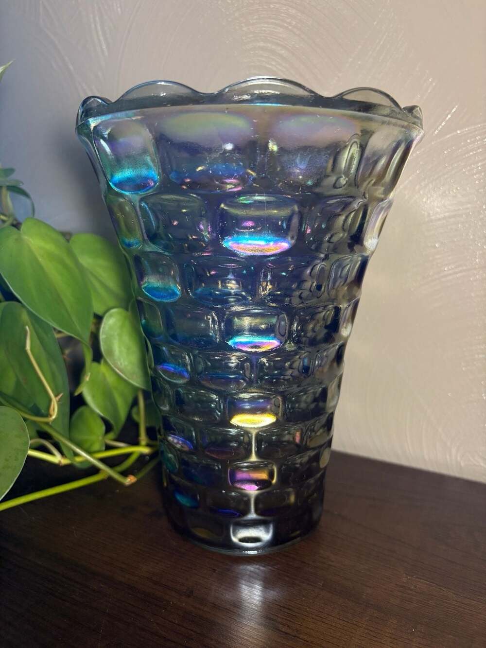 Vintage Federal Glass Yorktown Smoke Iridescent Thumbprint Vase